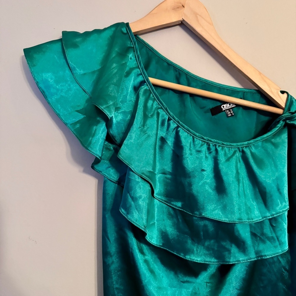 ASOS Green Satin One Shoulder Ruffle Blouse Top - Picture 3 of 7